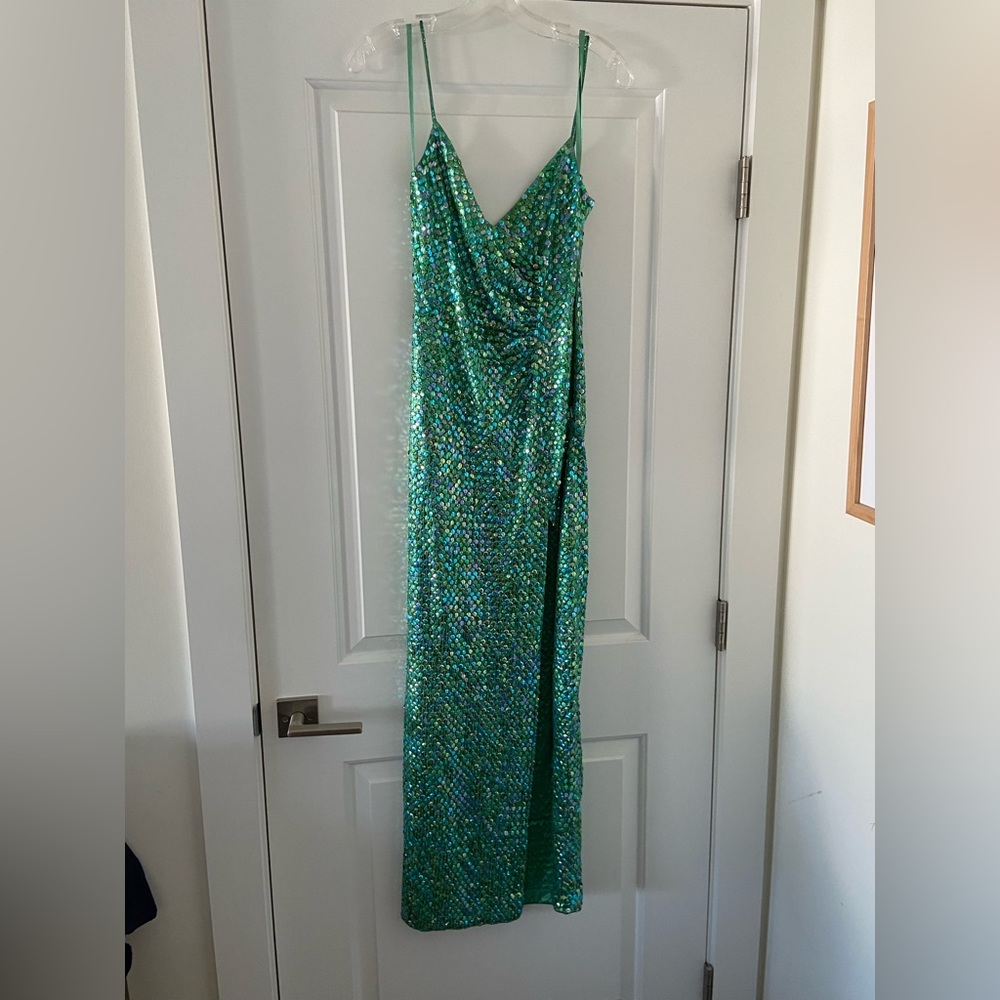 Teal sequin floor length gown